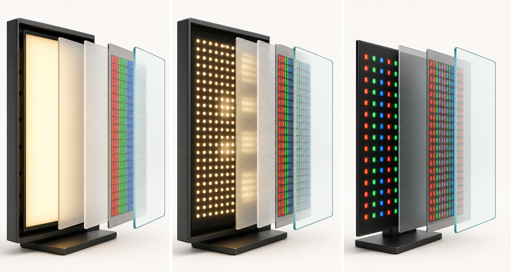 通常の液晶、Mini LED液晶、OLEDの光り方を同じ角度で比べた3D模式図