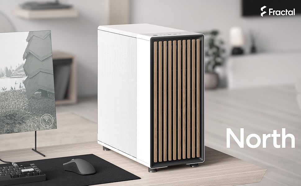 木目調のフロントパネルを備えた白いFractal Design Northの実物写真